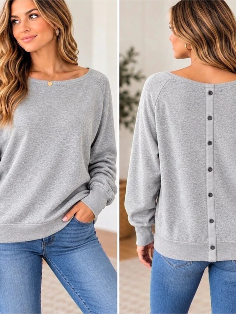 Romeo & Juliet Couture Gray Button-Back Pullover Size Medium, guc
